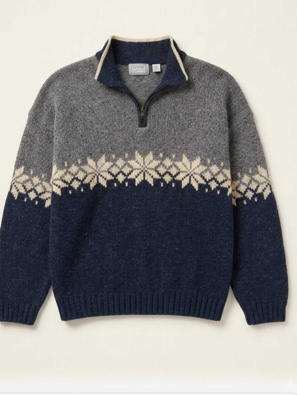 Men's Nordic Half-Zip Sweater in Gray & Navy, XL - wool blend - cottagecore